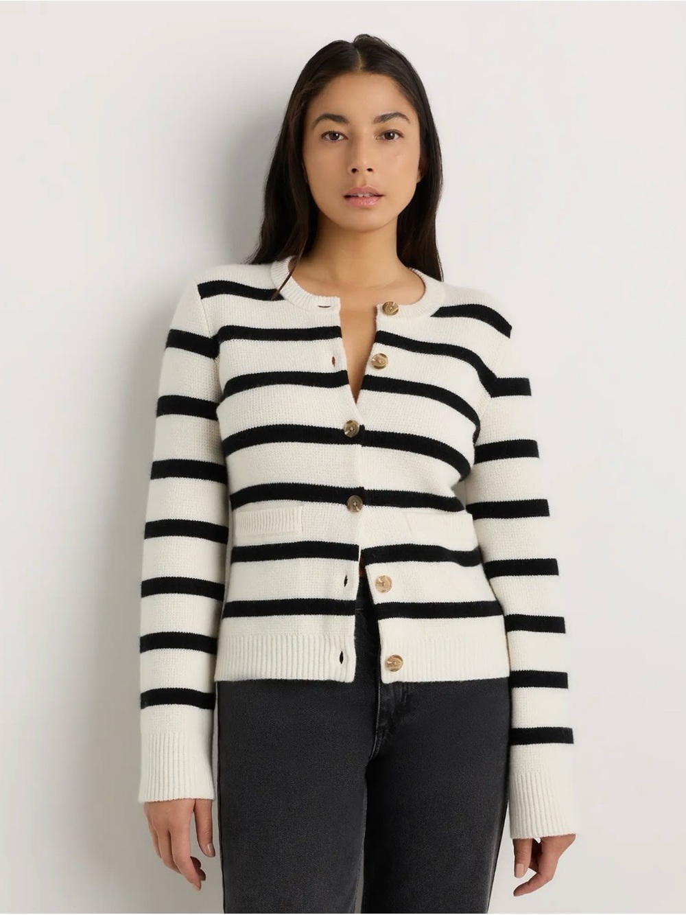 Quince Mongolian Cashmere Structured Cardigan Black & White Striped X-Large 590